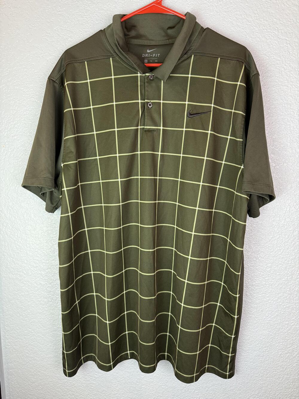 Nike Polo Shirt Mens 2XL Green Yellow Windowpane Dri-FIT Golf AJ5485-355